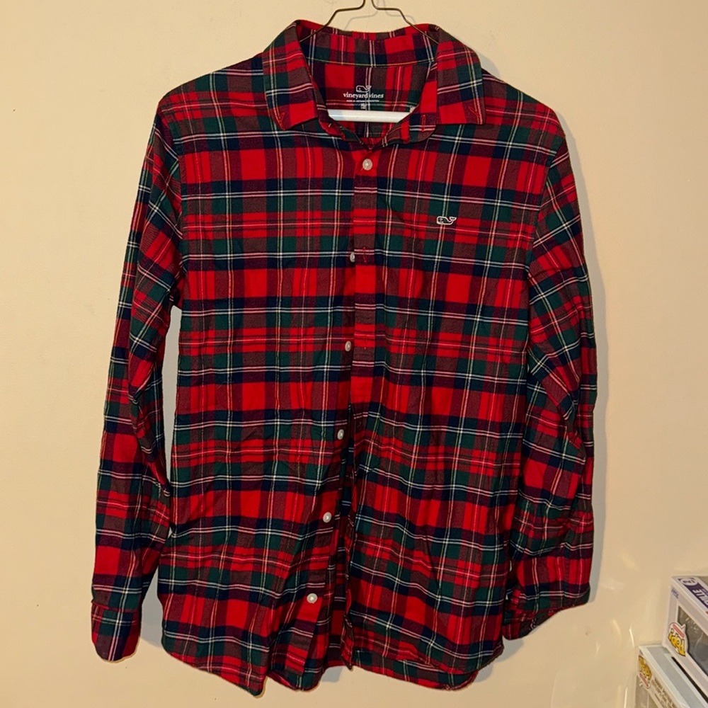 Vineyard Vines Red Green Checkered Youth XL Long Sleeve Dress Shirt